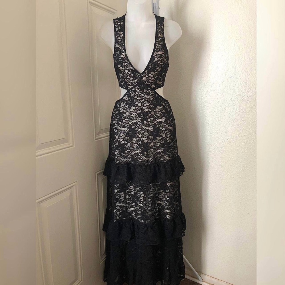 Black Whimsygoth lace fitted maxi halter formal prom dress gown tiered ruffle